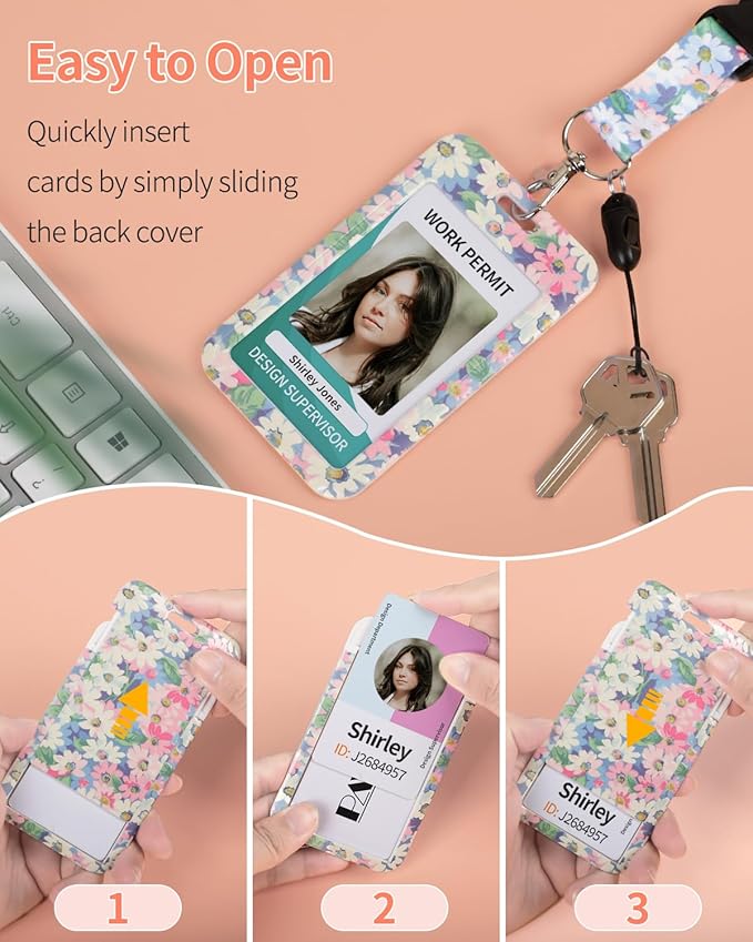 Uniclife Floral Sliding Badge Holder Wild Flower Plastic Case with Retractable Badge Reel Carabiner Clip & Detachable Lanyard Strap Fashionable Vertical Card Protector for Women Teacher Student