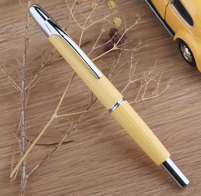 Majohn A2 Press Fountain Pen Extra Fine Nib with Box, Retractable Yellow Resin Ink Pen with Converter Writing Pen Set (Silver Clip Version)