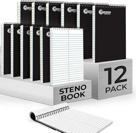12 Pack Spiral Steno Pads, 6 x 9, Gregg Rule, Black Steno Pad, Long Lasting - 80 Sheets (160 Pages), Top Spiral Notebook, Bulk Steno Notebook for Business, Top Spiral Steno Book for Office