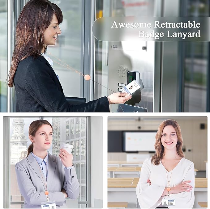 Retractable Badge Reel Lanyard with 2 Pieces ID Holder for Women, Fashion Beaded Chain Premium Stainless Steel Lanyard Necklace Water Resistant Name Badge Holder