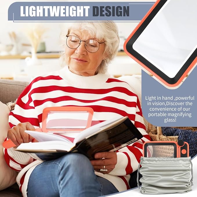 Magnifying Glass for Reading, Rechargeable 5X Large Page Magnifier with Light, Folding Handheld Dimmable Rectangle Lighted Magnifier for Reading Book Small Print for Seniors Low Vision, Orange-Black