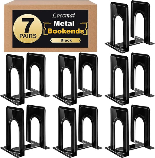 14 PCS/7 Pair Bookends,Book Ends for Shelves,Metal Bookends,Heavy Duty Bookends,Black Book Ends,Non-Skid Bookend,Universal Book Stopper for Heavy Books/Movies/CDs,Office Home,6.5 x 4.9 x 5.7in