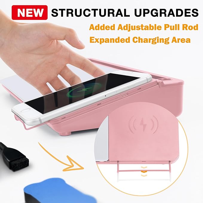 SELEAD Desktop Glass Whiteboard with Wireless Charger Station and Mirror, Desk Dry Erase Board Computer Pad Keyboard Stand with Organizer for Home, School, Office Accessories for Women, Pink