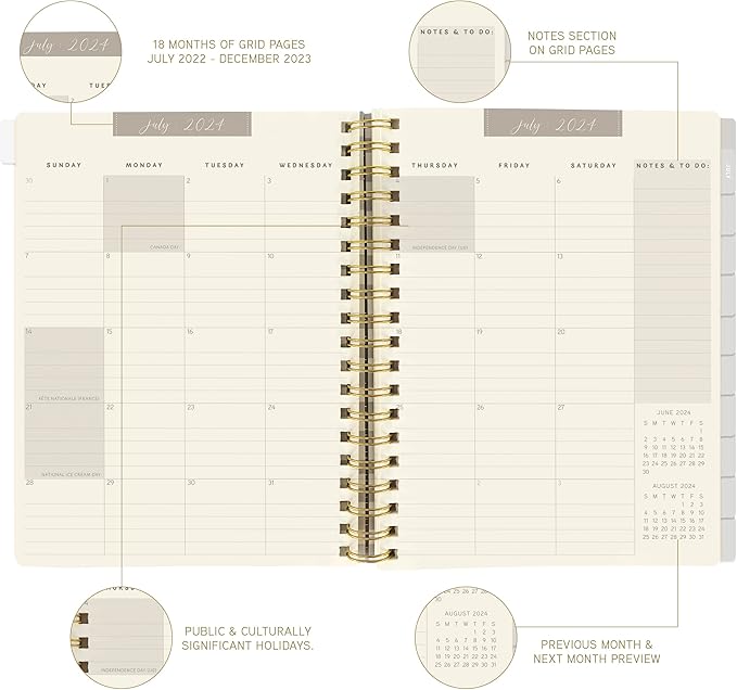 18 Month Hardbound Spiral Planner by Graphique, Jul. 2024 – Dec. 2025 Calendar, Weekly and Monthly Spreads, Page Tabs, Reminder Stickers, 6” x 8”