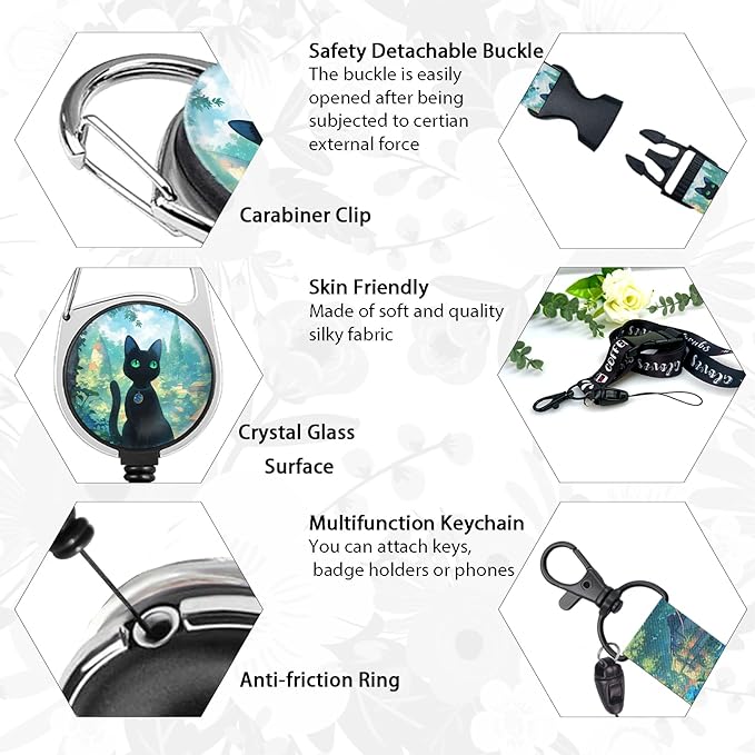 Giancomics Lanyards for Id Badges, Black Cat ID Badge Holder with Lanyard Badge Reel Retractable, Anime Lanyard with ID Holder Keychain Clip Name Tag Cute ID Card Holder for Teacher Women Work Office