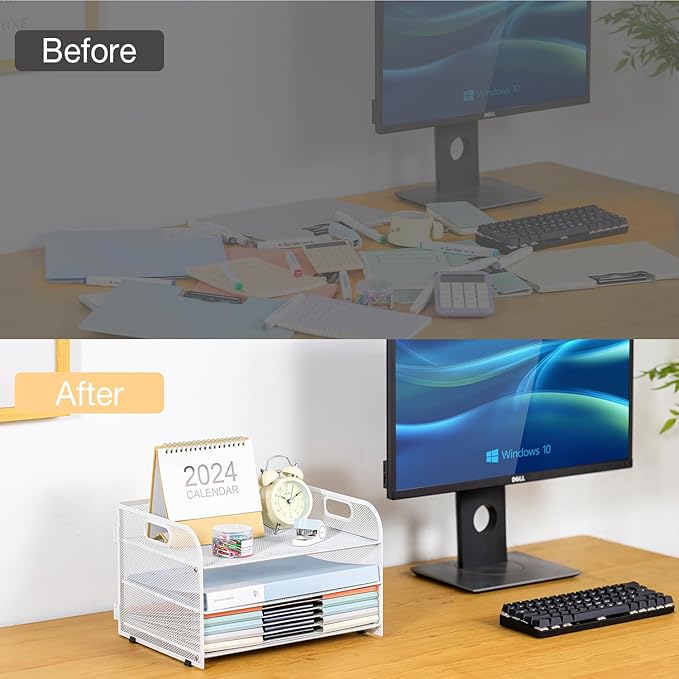 3-Tier Letter Tray Paper Organizer with Handle,Compact Mesh Desk File Organizer for Home Office Supplies Desktop Accessories,White