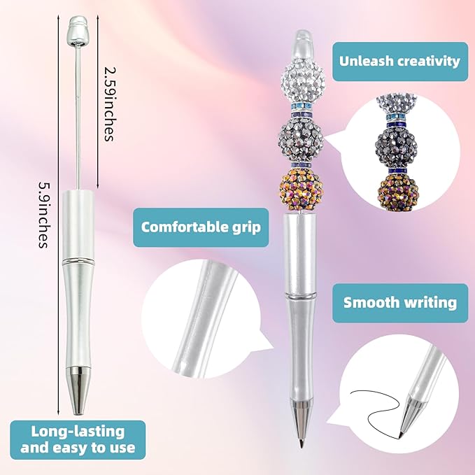 15 Pieces Beadable Pens - Beaded Pens Plastic Diy Black Ink Ballpoint Pens Bulk - Bead Pens Suitable For Teacher, Students, Office, School, Graduation Gift Supplies(Silver)