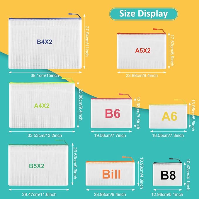 12pcs Mesh Zipper Pouch Bags,Puzzle Bag for Organizing, 12 Color 8 Size Classroom Must Have Storage Bag, Bags for School, Board Games and Office Supplies