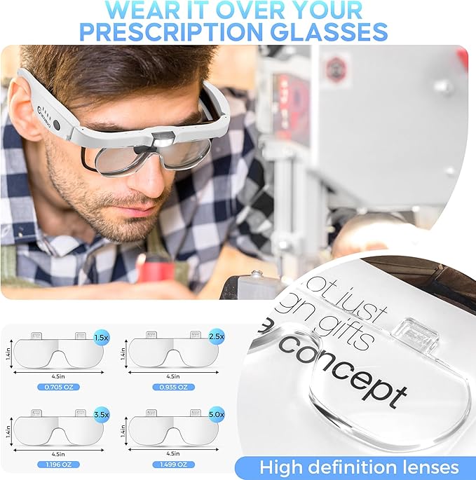Magnifying Glass with Light, 1.5X-5.0X Magnifying Glasses, Rechargeable Magnifying Headset with Light, Head Magnifier with 4 Detachable Lenses, Magnifying Glasses for Close Work Crafts Jewelry
