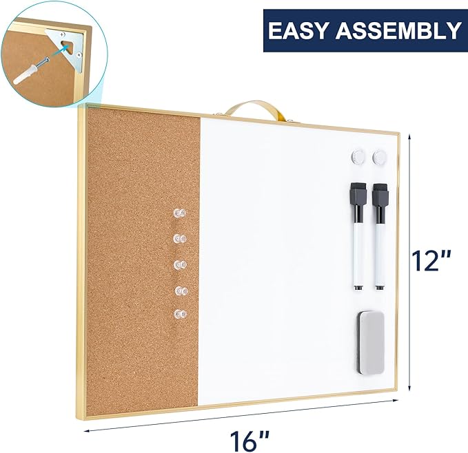 Small Cork Board Whiteboard Combo - 12" X 16" Portable Aluminum Gold Framed Magnetic Dry Erase Board for Wall, Mini Bulletin CorkBoard with a Handle for Office, Home and School