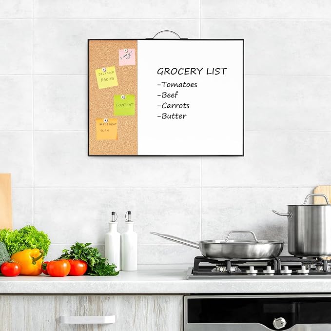 Small Cork Board Whiteboard Combo - 12" X 16" Portable Aluminum Black Framed Magnetic Dry Erase Board for Wall, Mini Bulletin CorkBoard with a Handle for Office, Home and School