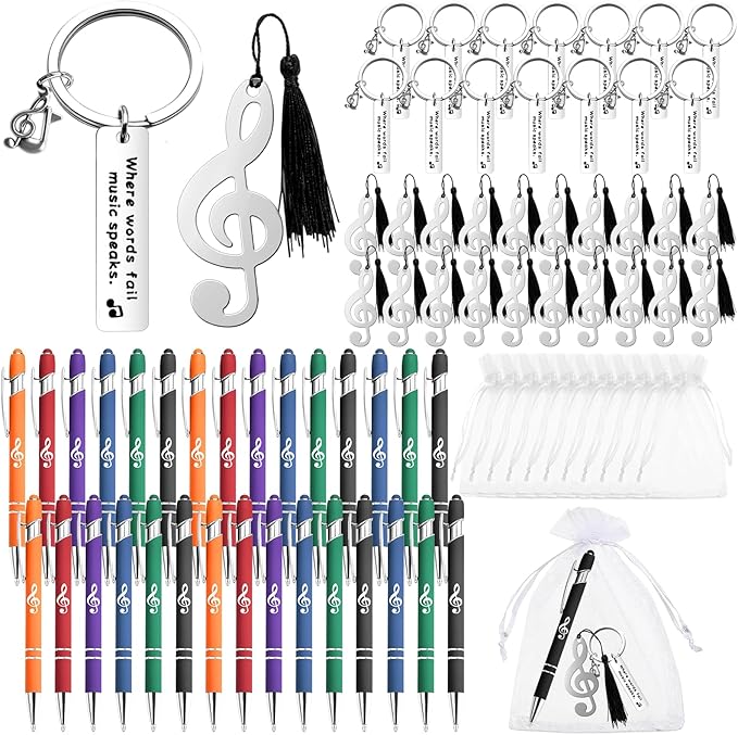 120 Pcs Music Gifts Bulk for Students Include 30 Music Note Ballpoint Pen 30 Music Keychain 30 Metal Music Bookmark 30 Organza Bag Choir Gifts for Student Teacher Music Lover