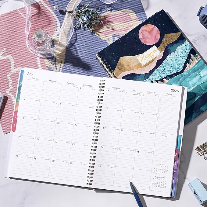 2025 Planner - 9" x 11" Planner Weekly and Monthly 2025, Jan 2025 - Dec 2025,12 Monthly Colorful Tabs, Elastic Closure, Back Pocket - Green Marble