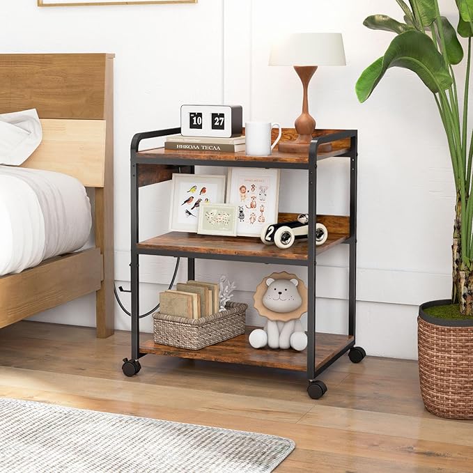 3 Tier Large Printer Stand with Wheels, 25.2 x 18.9 Inch Printer Stand with Power Outlet USB Port, Printer Table with Adjustable Storage Shelf for Home Office, Rustic Brown