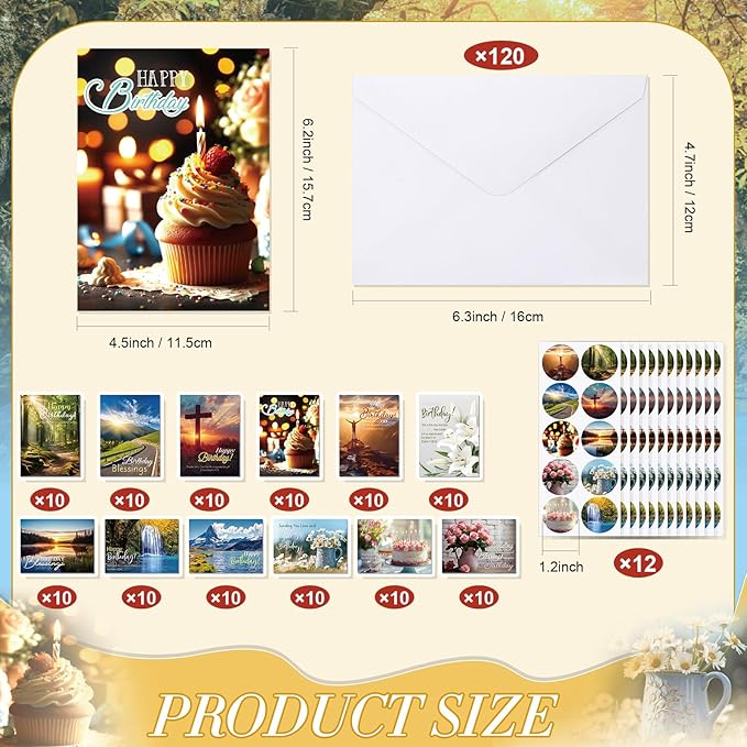 120 Pack Religious Christian Birthday Cards Bulk with Scripture Bible Verse 4.5 x 6.2 Inch Assorted Christian Blessings Greeting Cards for Birthday with Envelopes and Stickers (Scenic Style)