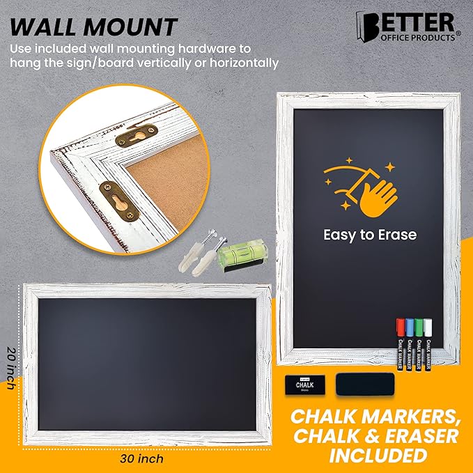 Better Office Products Magnetic Wall Chalkboard, X Large Size 20" x 30", Rustic Wood Frame, Chalkboard Sign, Vertical/Horizontal Wall Mount, Includes 4 Chalk Markers + Chalk and Eraser,(Whitewash)
