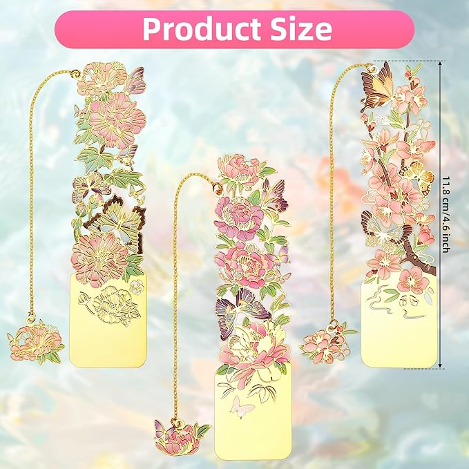 3 PCS Metal Bookmarks, Bookmarks for Reading Women, Pretty Bookmarks for Women, Beautiful Metal Bookmark, Beautiful Flower Bookmark, Peach Blossom, Cottonrose Hibiscus, Peony (BKM-050-001)