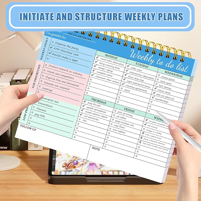 2 Packs Weekly To Do List Notepad - Weekly Planner Notepad, Undated Weekly Desk Planner with To Do List Notebook for Work, 52 Pages Spiral Bound Notepad with Checklist, 8.5"×11"