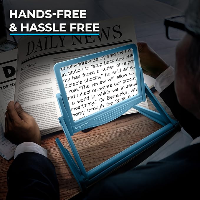 MAGNIPROS 5X Large LED Hands-Free Full Page Magnifying Glass with Detachable Stand & 3 Stepless Color Modes to Reduce Eye Strain, Ideal for Reading Small Prints, Crafting, Low Vision & Seniors