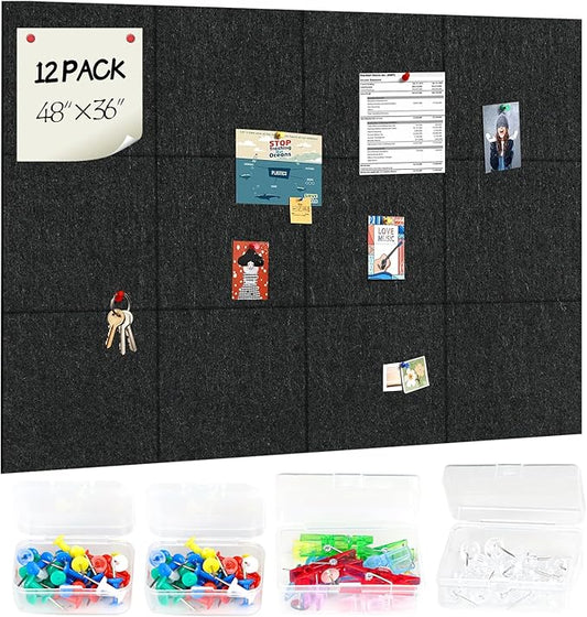 12-Pack Large 48"x36" Cork Board for Office & Walls - Self-Adhesive Felt Wall Tiles with Push Pins | Reusable Tack Board for Home Decor | Removable Alternative to Traditional Cork Bulletin Boards