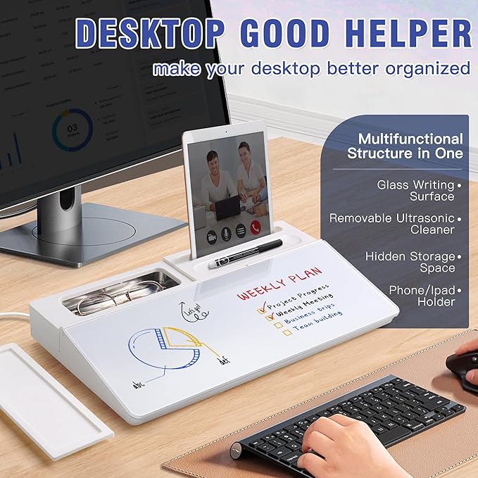 SELEAD Desktop Glass Whiteboard with Ultrasonic Cleaner Machine - Dry Erase White Board Computer Pad Keyboard Stand with Organizer for Home, School, Office Desk Accessories