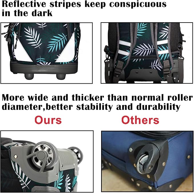 18 inches Wheeled Rolling Backpack Multi-Compartment College Books Laptop Bag, Leaves.