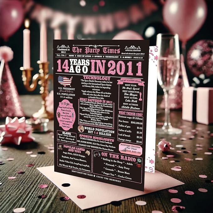 14th Birthday Card Gifts for Girls, Daughter, Niece, Granddaughter, 14th Birthday Decorations for Girls, Large Birthday Card for 14 Year Old, Funny Back in 2011 Birthday Card, Rose Pink Gold