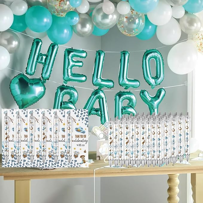 50 Sets Pen Baby Shower Favors Gifts for Guests Includes 50 Rolling Paper Ballpoint Pens and 50 Greeting Thank You Bookmarks Baby Shower Party Favors (Cowboy)