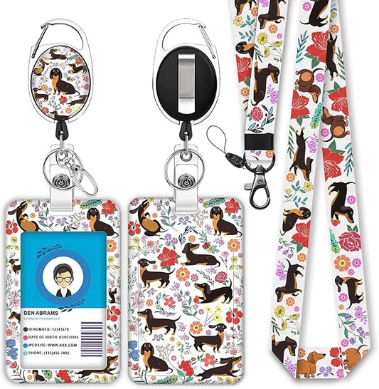 Cute Dachshund Badge Reels Retractable with Carabiner Reel Clip, ID Badge Holder Case with Detachable Lanyard Keychain, Nurse Doctor Office School Teacher Name Credit Card Pocket