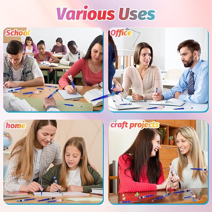 15 Pieces Beadable Pens - Beaded Pens Plastic Diy Black Ink Ballpoint Pens Bulk - Bead Pens Suitable For Teacher, Students, Office, School, Graduation Gift Supplies(Blue)