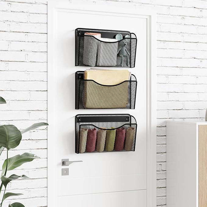 3 Pack Mesh Hanging Wall File Holders, Vertical Mounted File Holder, Wall Basket Mail Organizer for Office, Home and School