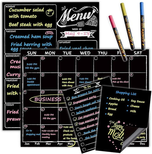 Magnetic Chalkboard Monthly Calendar - Weekly Meal Planning Blackboard Combo Set with Neon Bright Liquid Chalk Markers - Bonus Grocery List and Notepad Blackboard for Refrigerator Included
