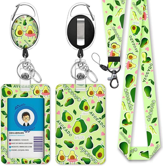 Cute Avocado Badge Reels Retractable with Carabiner Reel Clip, ID Badge Holder Case with Detachable Lanyard Keychain, Nurse Doctor Office School Teacher Name Credit Card Pocket