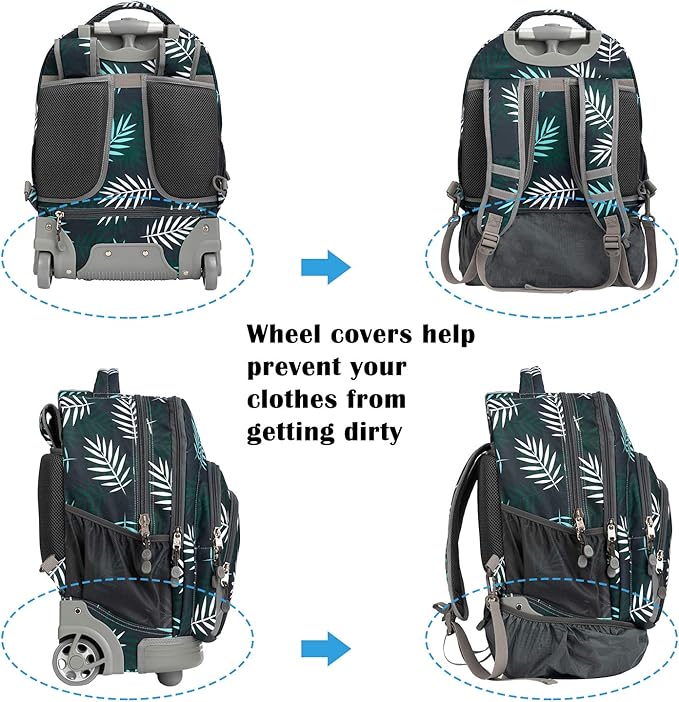 18 inches Wheeled Rolling Backpack Multi-Compartment College Books Laptop Bag, Leaves.