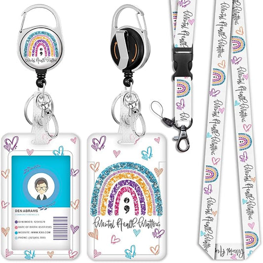 Cute Rainbow Lanyards for Id Badges, Mental Health Matters Badge Reel Heavy Duty with Carabiner Clip, Fashionable ID Badge Holder with Breakaway Lanyard, Teacher Nurse Office Christmas Gifts