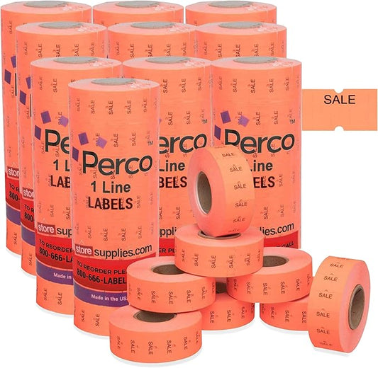 Perco 1 Line Fluorescent Red Sale Labels - 80 Rolls, 10 Sleeves, 80,000 Blank Price and Date Gun Labels for Perco 1 Line Price and Date Guns - Made in USA