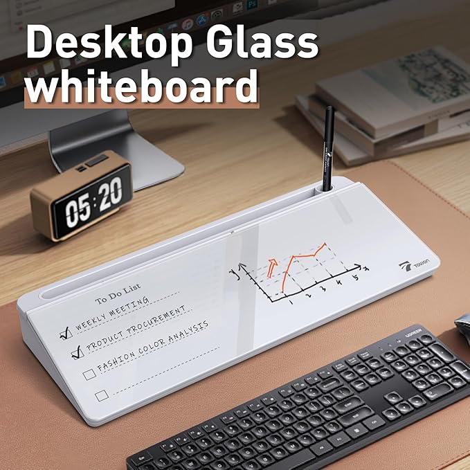 TOWON Desktop Whiteboard with todo List Templates, Daily Agenda Glass White Board for Desk, Desk Reminder Memo Notepad to-do List Dry Erase Board with Storage, Line and Free Section, 16x7 Inches