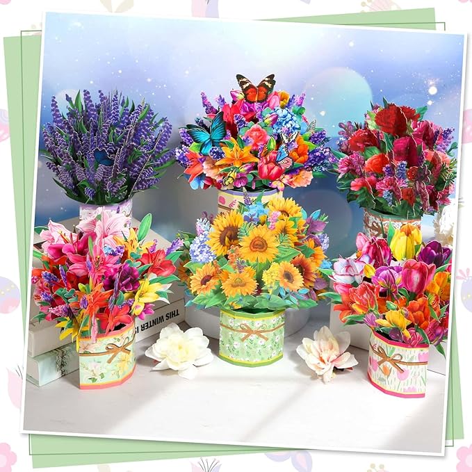 6 Pack Paper Flower Pop Up Cards, Flower Bouquet Card Popup 3D Greeting Cards for Mother's Day, Graduation, Anniversary, Birthday, Congratulations, Get Well, Home Decor, with Envelope and Note