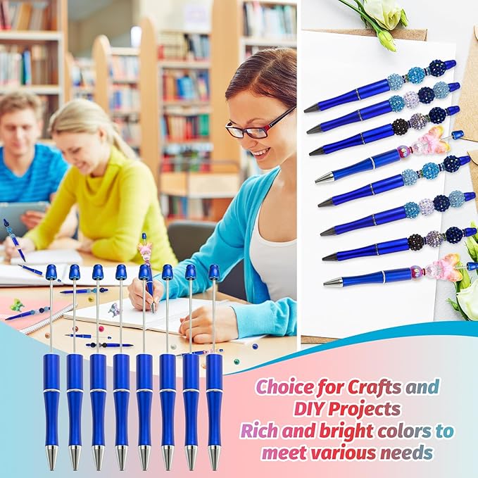 15 Pieces Beadable Pens - Beaded Pens Plastic Diy Black Ink Ballpoint Pens Bulk - Bead Pens Suitable For Teacher, Students, Office, School, Graduation Gift Supplies(Blue)