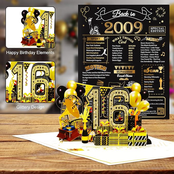 16th Birthday Card for Girls Boys, 3D Pop Up 16th Birthday Gifts Cards, Happy 16 Birthdays Decorations for 16 Year Old Son Daughter, Funny Back In 2009
