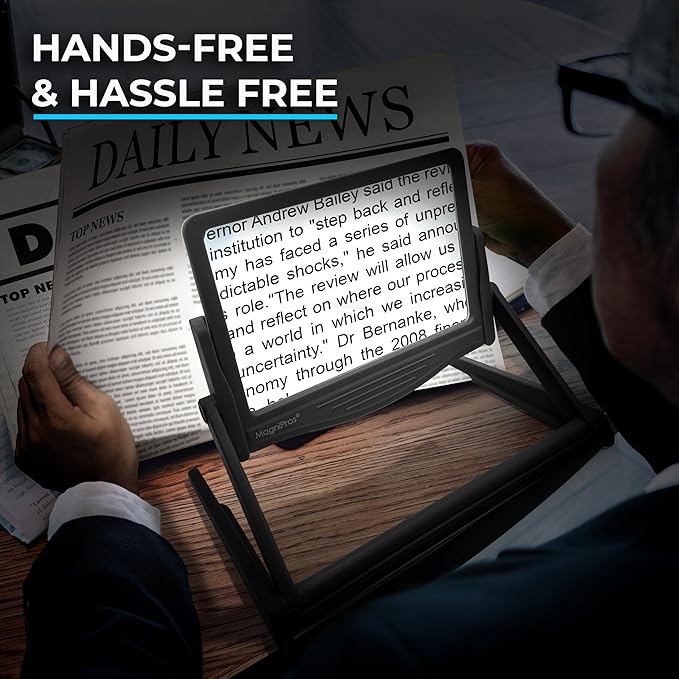 MAGNIPROS Patented 5X Large LED Page Magnifier with Detachable Hands-Free Stand, 3 Color Light Modes, Anti-Glare Lens for Eye Strain Relief β Perfect for Reading, Crafting, Low Vision & Seniors