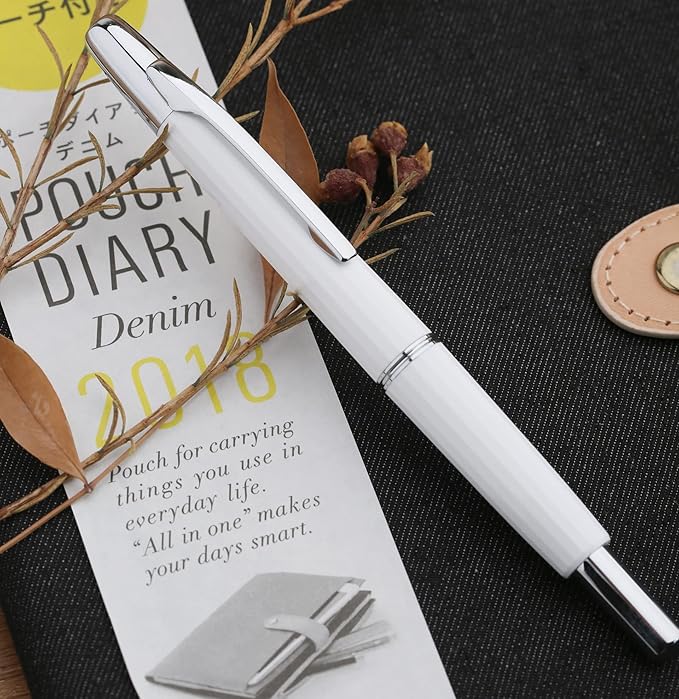 Majohn A2 Press Fountain Pen Extra Fine Nib with Box, Retractable White Resin Ink Pen with Converter Writing Pen Set (Silver Clip Version)