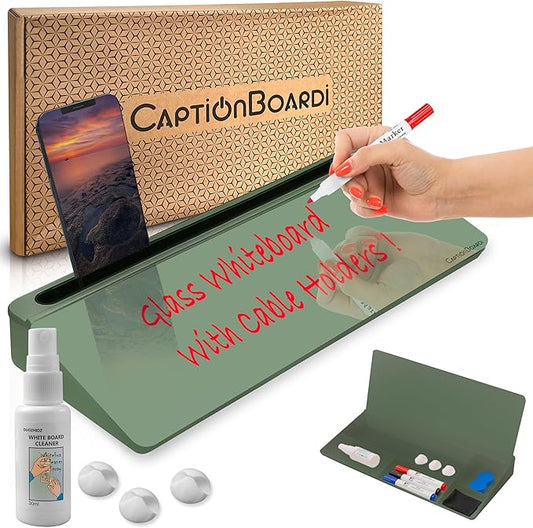 15-Inch Desktop Whiteboard - Glass Dry Erase Board for Desk Whiteboard with Stand with 3 Markers, Spray Bottle, 3 Cable Holders & Storage Box Work from Home Office Gadgets, Green