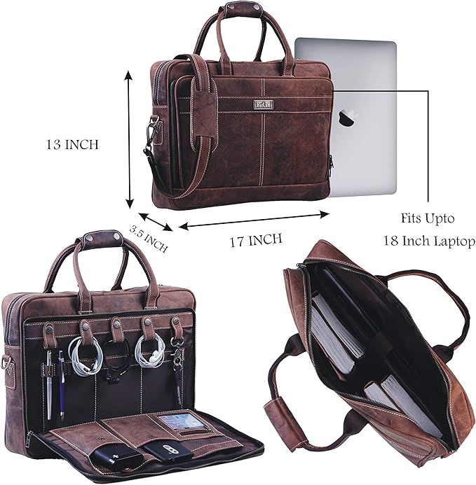 18 Inch Leather Laptop Bag for Computer Bag for Men– Supple Genuine Leather Briefcases for Men W/Padded Laptop Case Leather