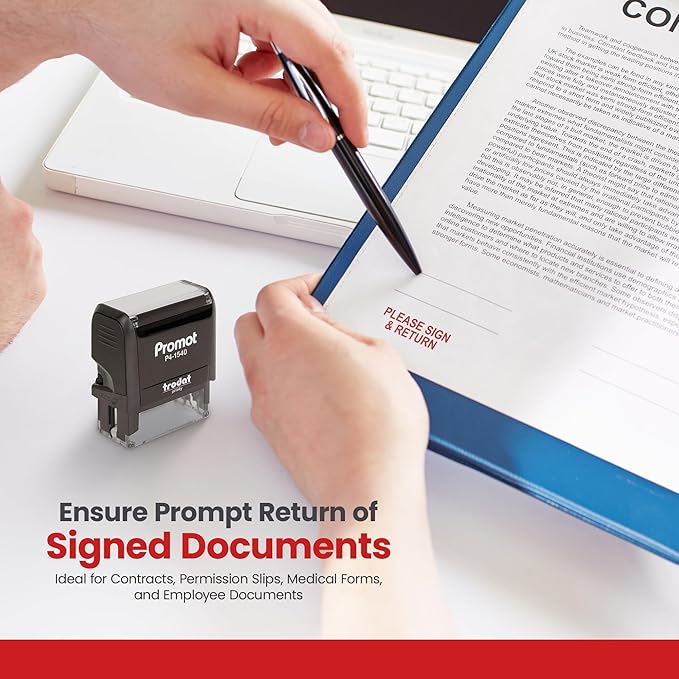 Promot Please Sign and Return Self Inking Rubber Stamp - Refillable Teacher Stamps - Business, Bookkeeping, Ordering, Accounting, Work, Bank, Office Stamper - Red Ink