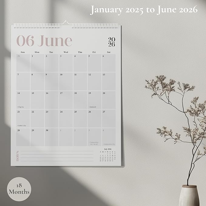 Makaplan Beige & Gray vertical Coil Wall Calendar 2025-18 Month Calendar January 2025 to June 2026, 11x13.5 Inches Sleek Modern Design with Spiral Twin-Wire Binding