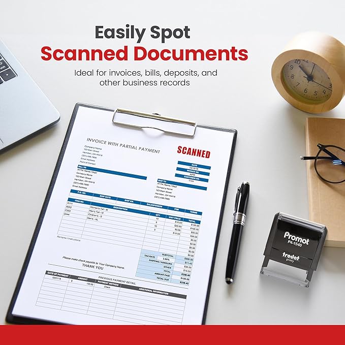 Promot Scanned Self Inking Rubber Stamp - Refillable Scanned Stamper - Business, Bookkeeping, Ordering, Accounting, Work, Office Stamps - Red Ink