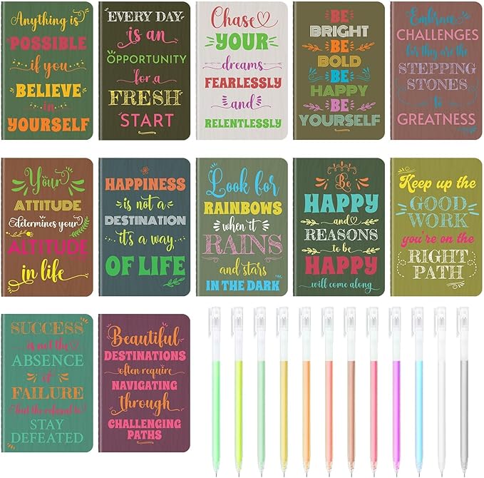 12 Pcs Mini Inspirational Notebooks Bulk with 12 Pcs Colorful Pens, Small Pocket Journal Notepads Set, Motivational Bulk Gifts for Women Men Teacher Student Kids,Fun School Office Supplies,3.5"x5.5"