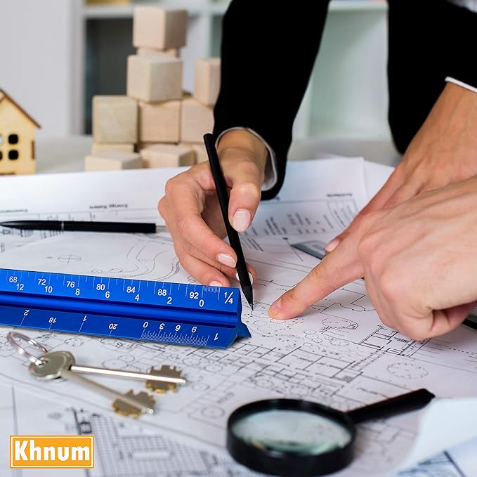 12-Inch Architectural and Engineering Scale Ruler Set (Imperial) | Laser-Etched Aluminum Triangular Drafting Tool | for Architect and Civil Engineer Blueprints | Standard Metal Ruler Included