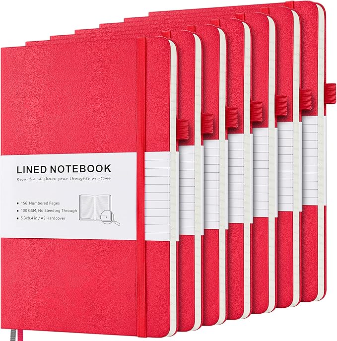 MALEDEN 7 Pack Lined Journal Notebook, Hardcover PU Leather Notebook for Men Women, 100 GSM Thick Numbered Pages with Index Content, Inner Pockets, Bookmarks, A5 Ruled Writing Journal Bulk (Red)